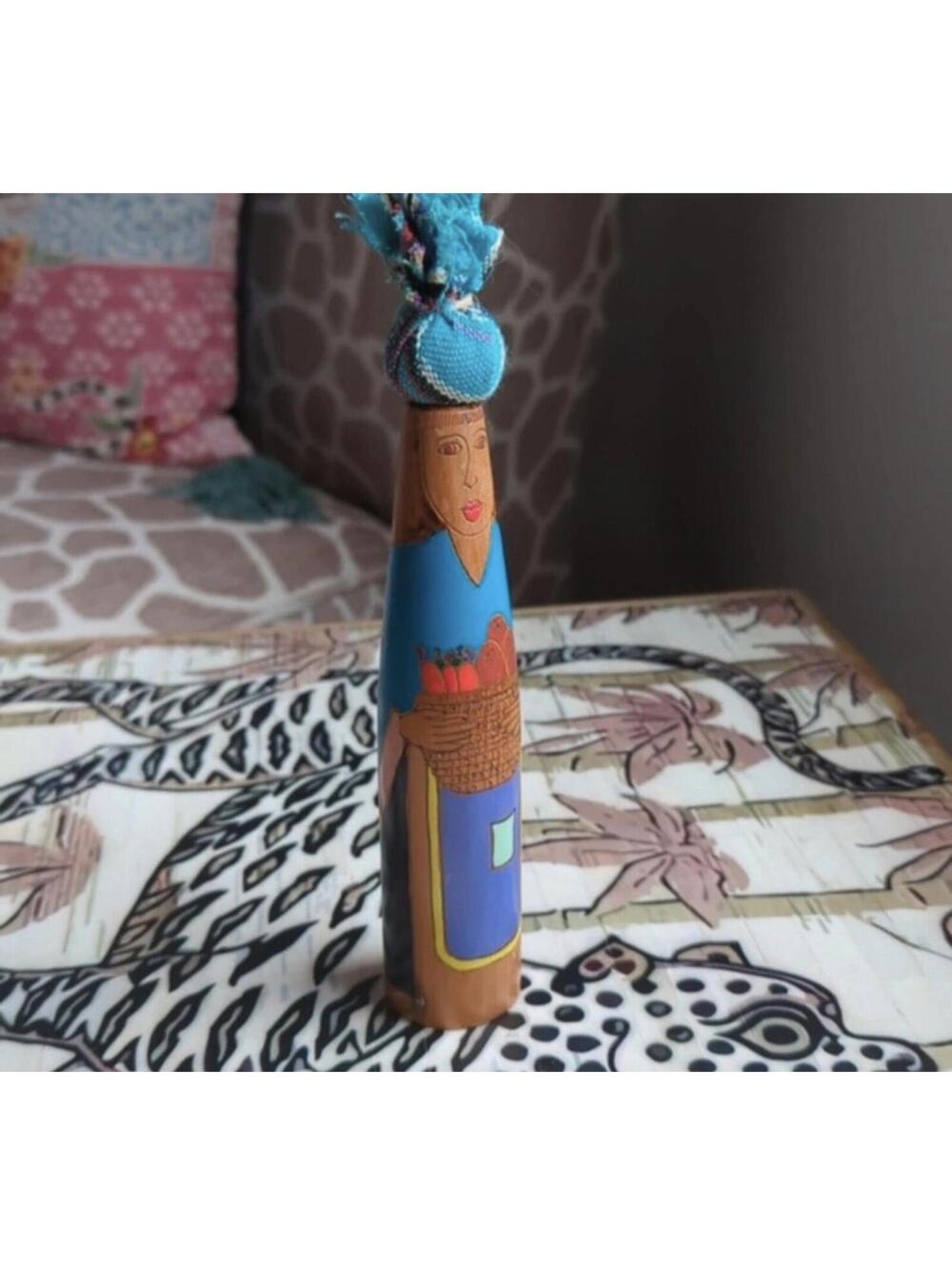 Handcrafted Wooden Figurine with‎ Blue Painted Dress and Fabric Headpiece
